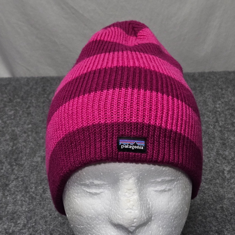 Patagonia Beanie Hat Unisex One Size Pink Striped Merino Wool Blend Winter Knit